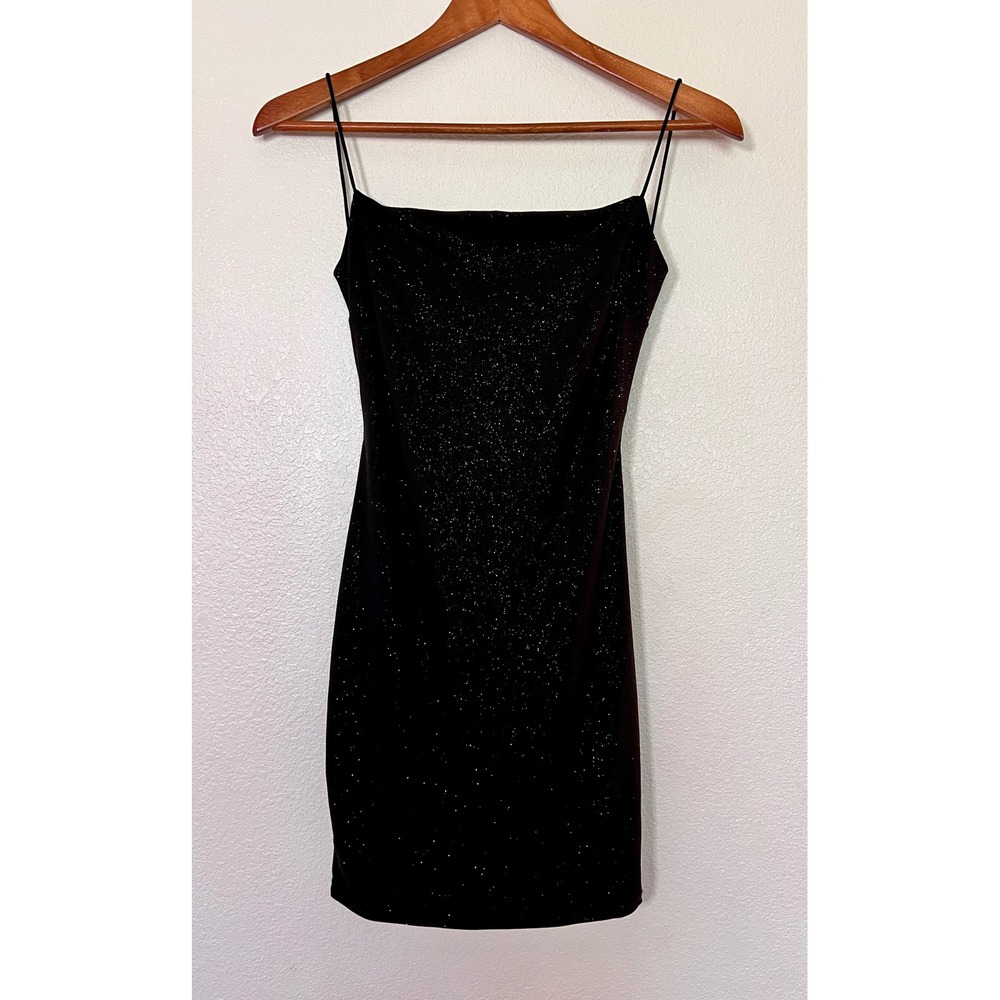 Black Glitter Bodycon Mini Dress Spaghetti Strap Party Club NYE Cocktail Size‎ S
